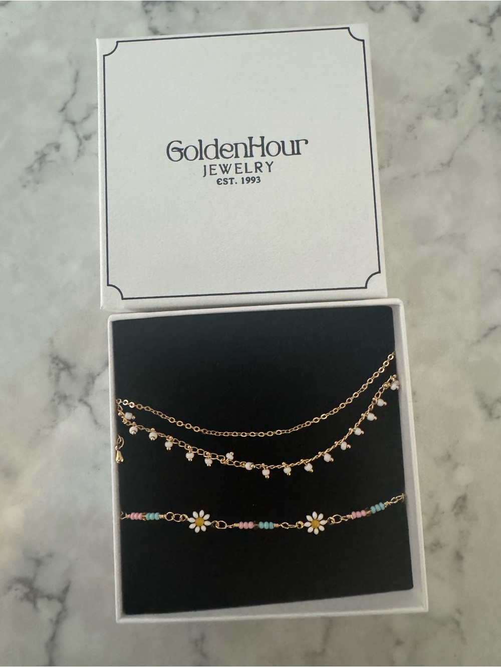 GoldenHour Gold Daisy Layered Anklet Set with Pastel Beads Set of 2